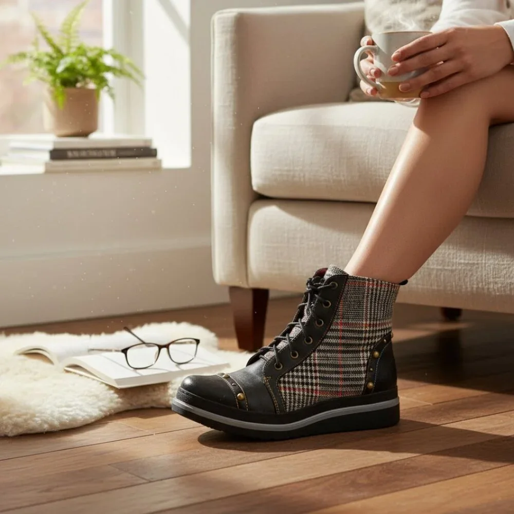 Spring Step L’Artiste Rehja Black Brown Plaid Combat Boot Size 36 (US 5.5 -6)